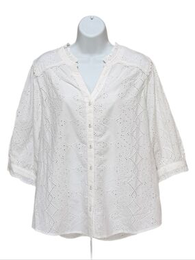 Wit & Wisdom Embroidered Eyelet Lantern Sleeve V-Neck Button Down Woven Shirt 1X